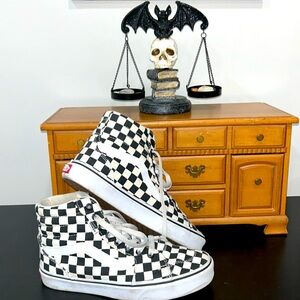Black/white checkered, high-top Vans - barely worn.